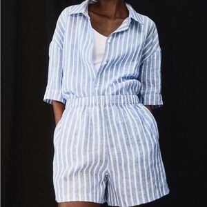 NWT H&M 100% Linen Shirt & Pull On Shorts S / XS Blue Stripe